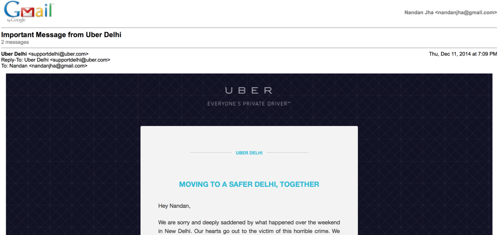 Mail from Uber sent on Dec 11 evening