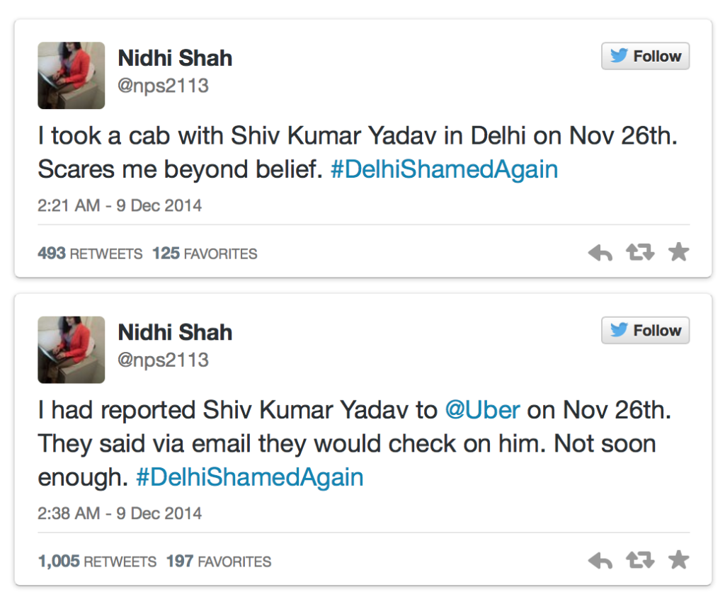 Uber customer tweets and alerts about the potential danger